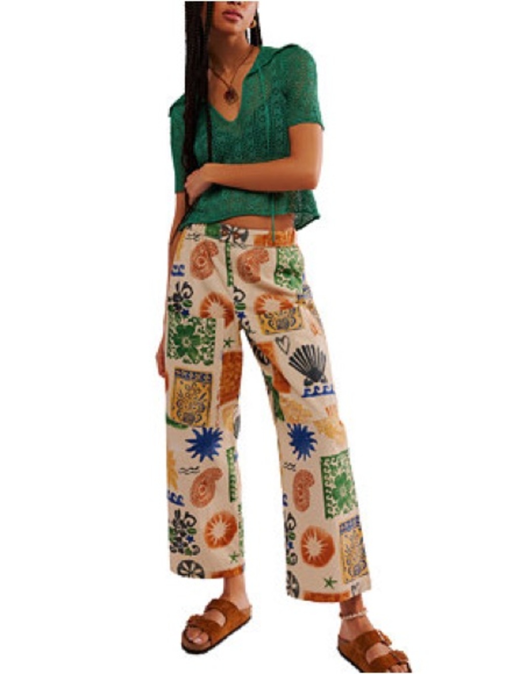 Free People Cotton Seaside Printed Pull On Pants Womens Small Shells Sun Waves